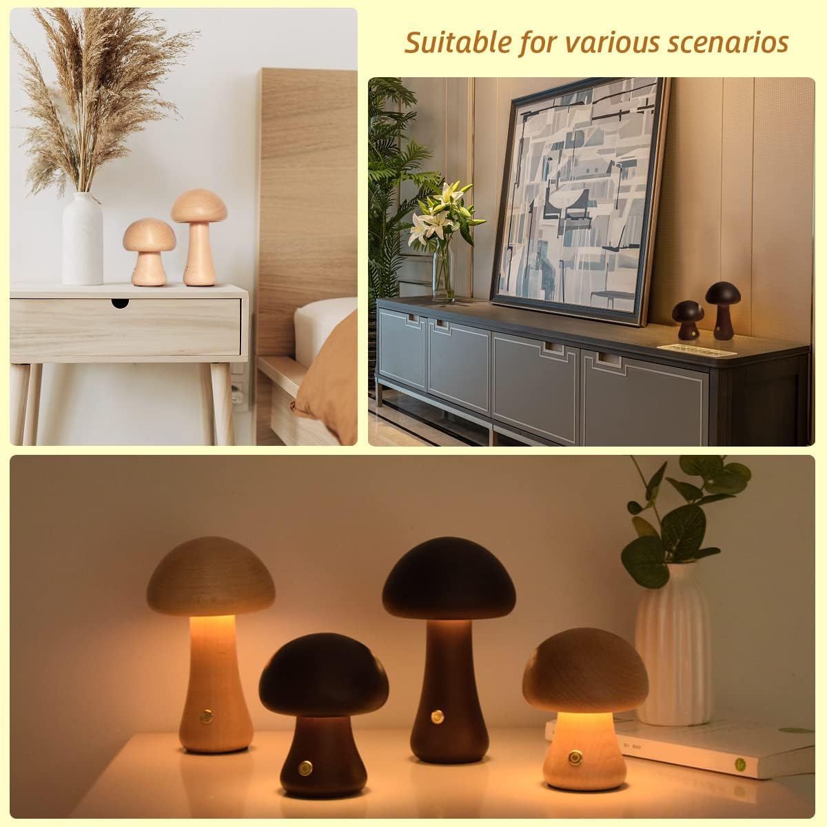 Wooden Mushroom Night Light With Touch