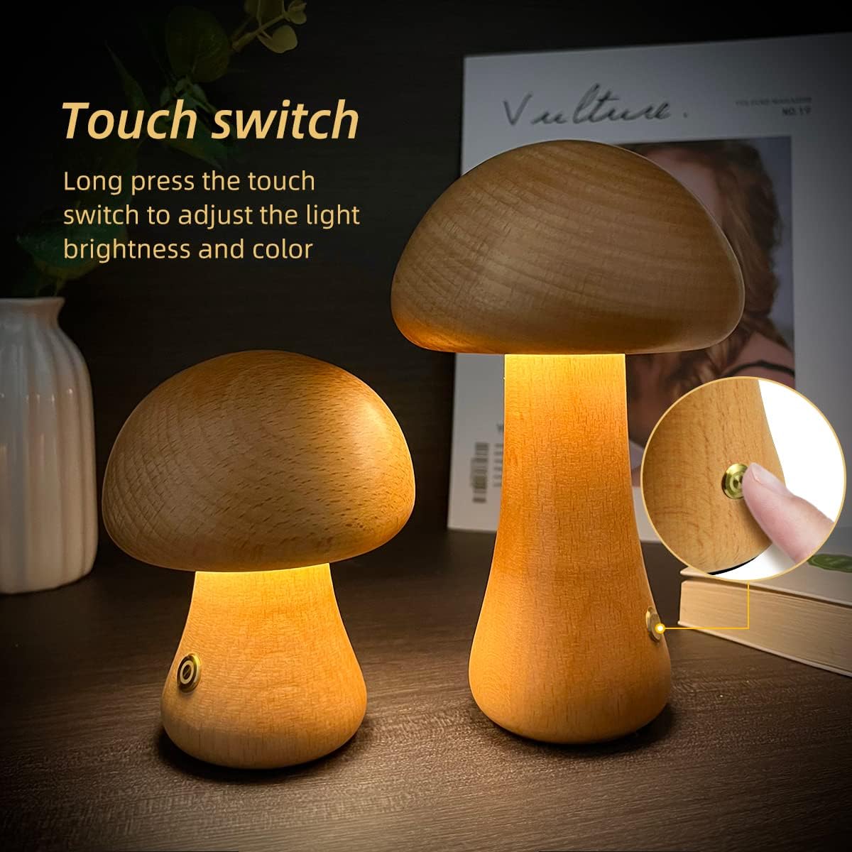 Wooden Mushroom Night Light With Touch