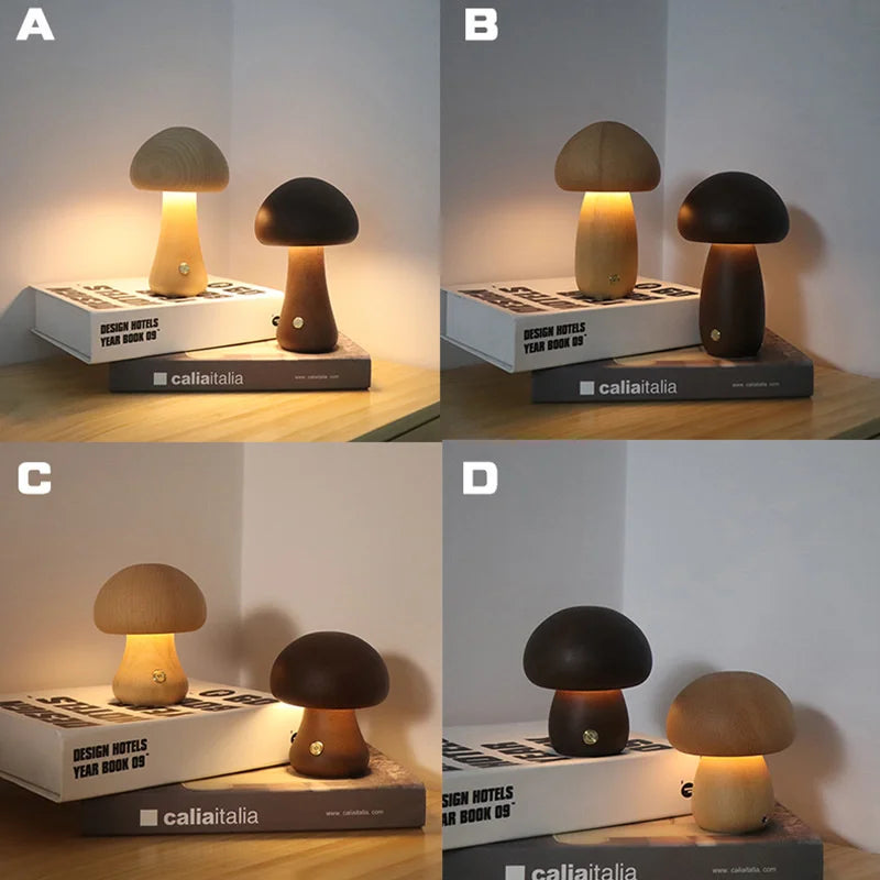 Wooden Mushroom Night Light With Touch