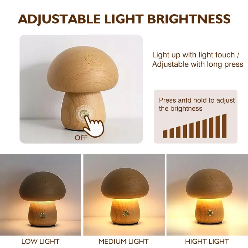 Wooden Mushroom Night Light With Touch